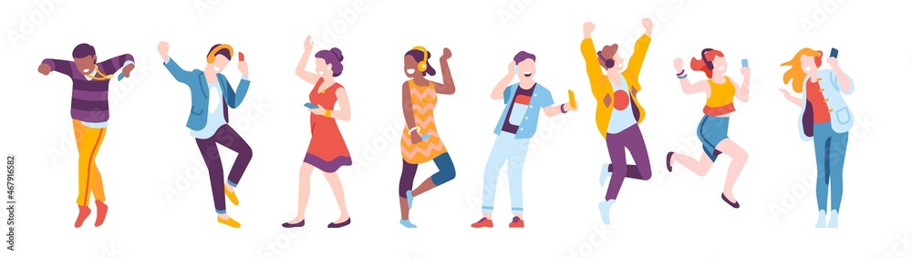 People with headphones. Young characters in active poses, dancing boys and girls have fun, students listen melodies, smartphone music and podcast app vector cartoon isolated set