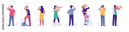 People look future. Men and women with telescopes. Isolated travelers on mountain tops watching through binoculars. Beyond horizon vision. Hope concept. Vector eyes forward persons set photo
