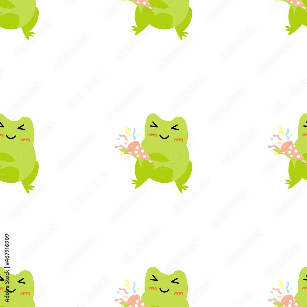 Obraz premium Cute cartoon frogs with party popper with serpantin. Enamored green toads. Vector animal characters seamless pattern of amphibian toad drawing.Childish design for baby clothes, bedding, textiles.