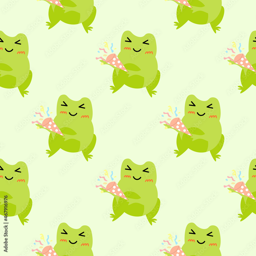 Obraz premium Cute cartoon frogs with party popper with serpantin. Enamored green toads. Vector animal characters seamless pattern of amphibian toad drawing.Childish design for baby clothes, bedding, textiles.