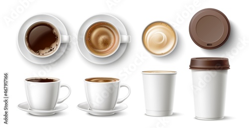 Takeaway coffee cups. Realistic porcelain pairs for hot different types drinks, disposable cardboard cappuccino mugs mockups, top and side view tableware, vector 3d isolated set