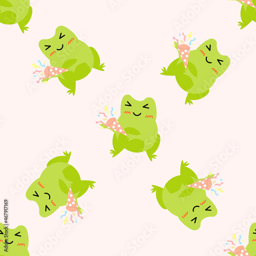 Cute cartoon frogs with party popper with serpantin. Enamored green toads. Vector animal characters seamless pattern of amphibian toad drawing.Childish design for baby clothes  bedding  textiles.