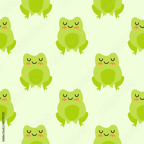 Cute smiling frogs with pink cheeks. Enamored green toads. Vector animal characters seamless pattern of amphibian toad drawing.Childish design for baby clothes, bedding, textiles, print, wallpaper.