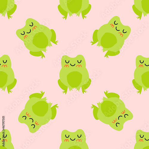 Cute smiling frogs with pink cheeks. Enamored green toads. Vector animal characters seamless pattern of amphibian toad drawing.Childish design for baby clothes  bedding  textiles  print  wallpaper.