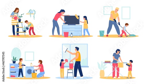Family cleaning house. Children help parents with household chores. Joint clean apartment. People washing clothes and ironing. Mopping floors with kids. Vector housekeeping activities set