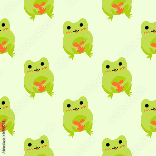 Fototapeta Naklejka Na Ścianę i Meble -  Cute cartoon frog with heart. Enamored green toads. Vector animal characters seamless pattern of amphibian toad drawing.Childish design for baby clothes, bedding, textiles, print, wallpaper.