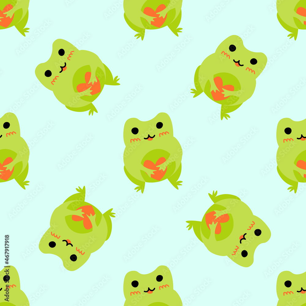 Fototapeta premium Cute cartoon frog with heart. Enamored green toads. Vector animal characters seamless pattern of amphibian toad drawing.Childish design for baby clothes, bedding, textiles, print, wallpaper.