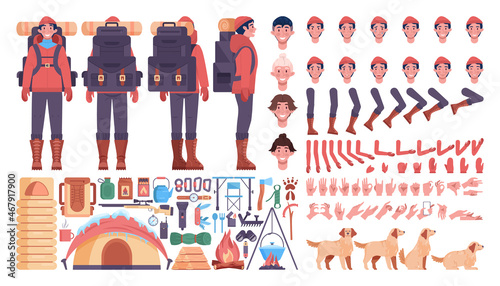 Winter male hiker set. Mountain traveler constructor, climbing and winter