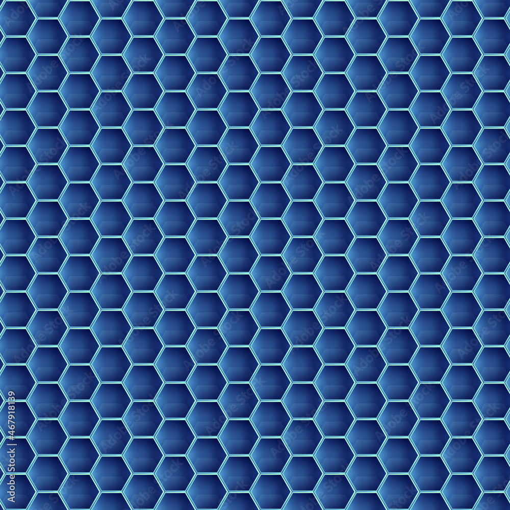 Seamless pattern of blue hexagon tiles 3D rendering illustration Seamless pattern of blue hexagon tiles 3D rendering illustration