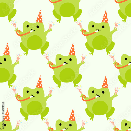 Cute cartoon frogs with party popper with serpantin. Enamored green toads. Vector animal characters seamless pattern of amphibian toad drawing.Childish design for baby clothes  bedding  textiles.