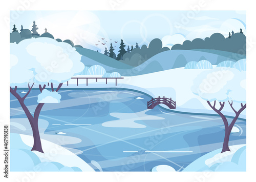 Winter landscape. Frozen river, pound or lake. Ice skating background.