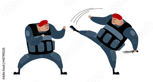 Hand-to-hand combat of paratroopers, blue cap. Special forces training, red cap. Navy infantry, black cap. Color vector illustration isolated on a white background in cartoon style and flat design.