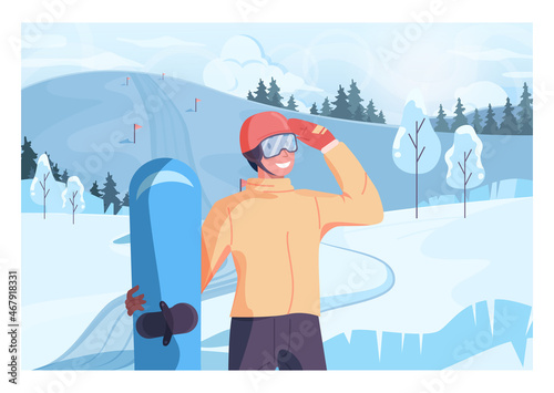 Male character holding a snowboard. Snowboarder with a snowy