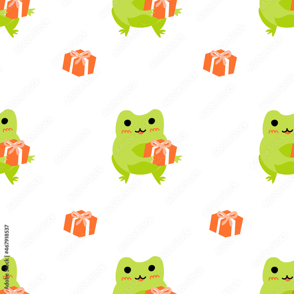 Obraz premium Cute cartoon frogs with gift box. Enamored green toads. Vector animal characters seamless pattern of amphibian toad drawing.Childish design for baby clothes, bedding, textiles, print, wallpaper.