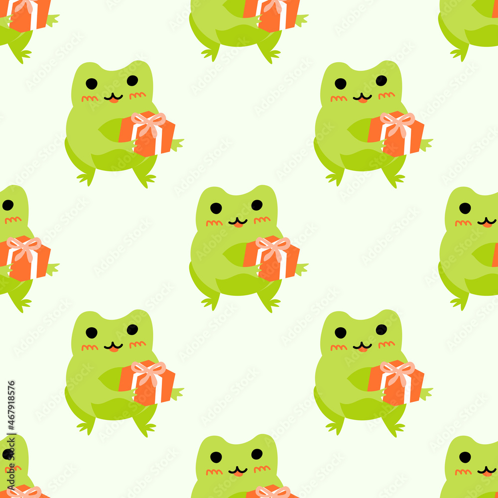Obraz premium Cute cartoon frogs with gift box. Enamored green toads. Vector animal characters seamless pattern of amphibian toad drawing.Childish design for baby clothes, bedding, textiles, print, wallpaper.