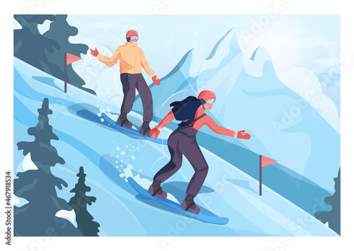 Male and female character on snowboard. Snowboarder riding and jumping
