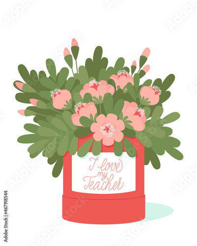 Postcard for the beloved teacher with a bouquet of flowers in a hat box