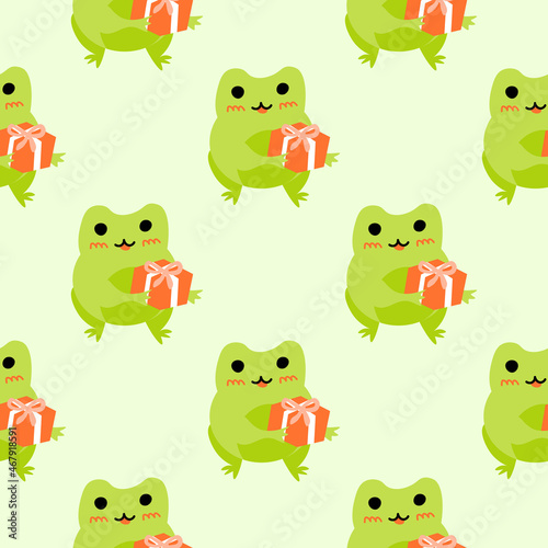 Cute cartoon frogs with gift box. Enamored green toads. Vector animal characters seamless pattern of amphibian toad drawing.Childish design for baby clothes  bedding  textiles  print  wallpaper.