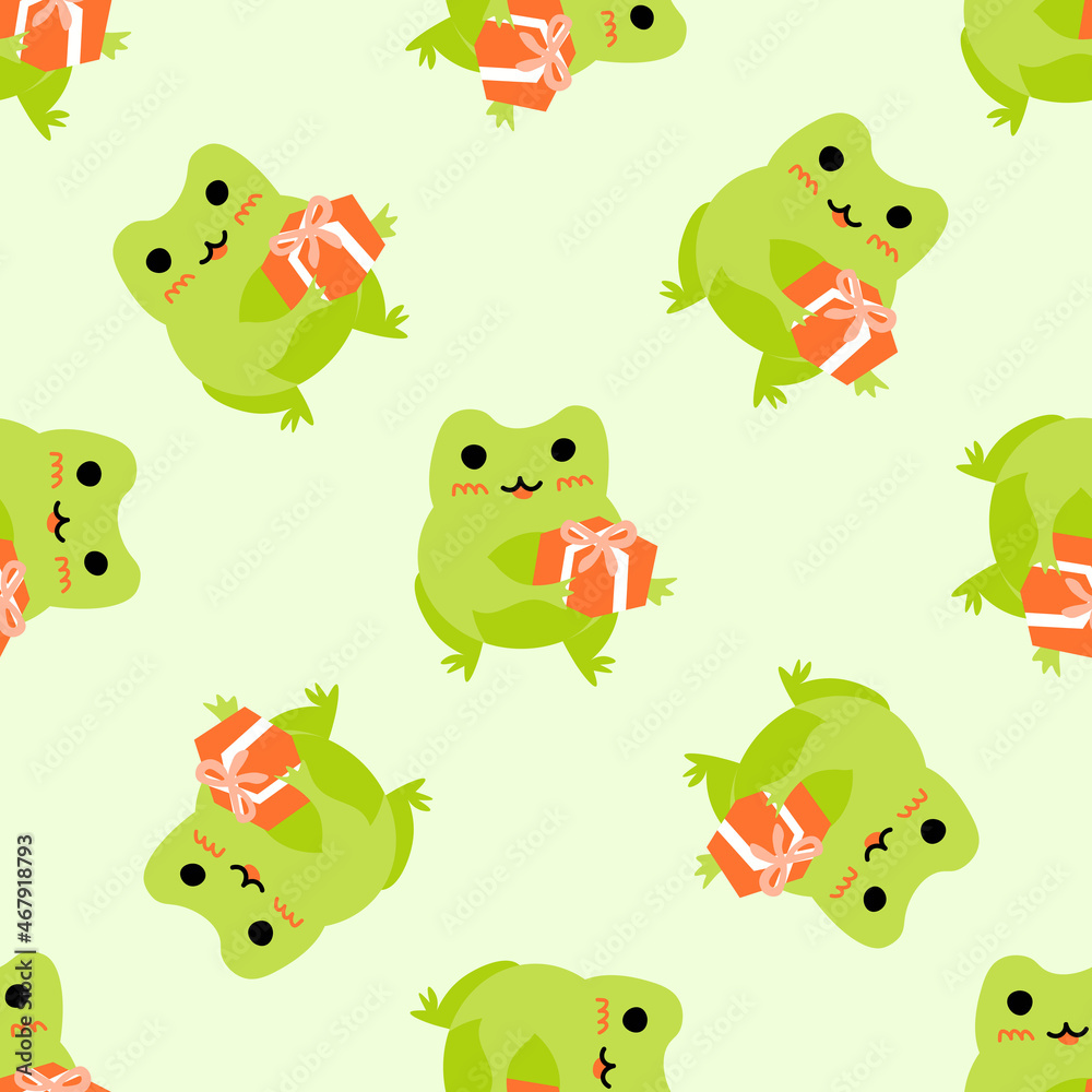 Obraz premium Cute cartoon frogs with gift box. Enamored green toads. Vector animal characters seamless pattern of amphibian toad drawing.Childish design for baby clothes, bedding, textiles, print, wallpaper.