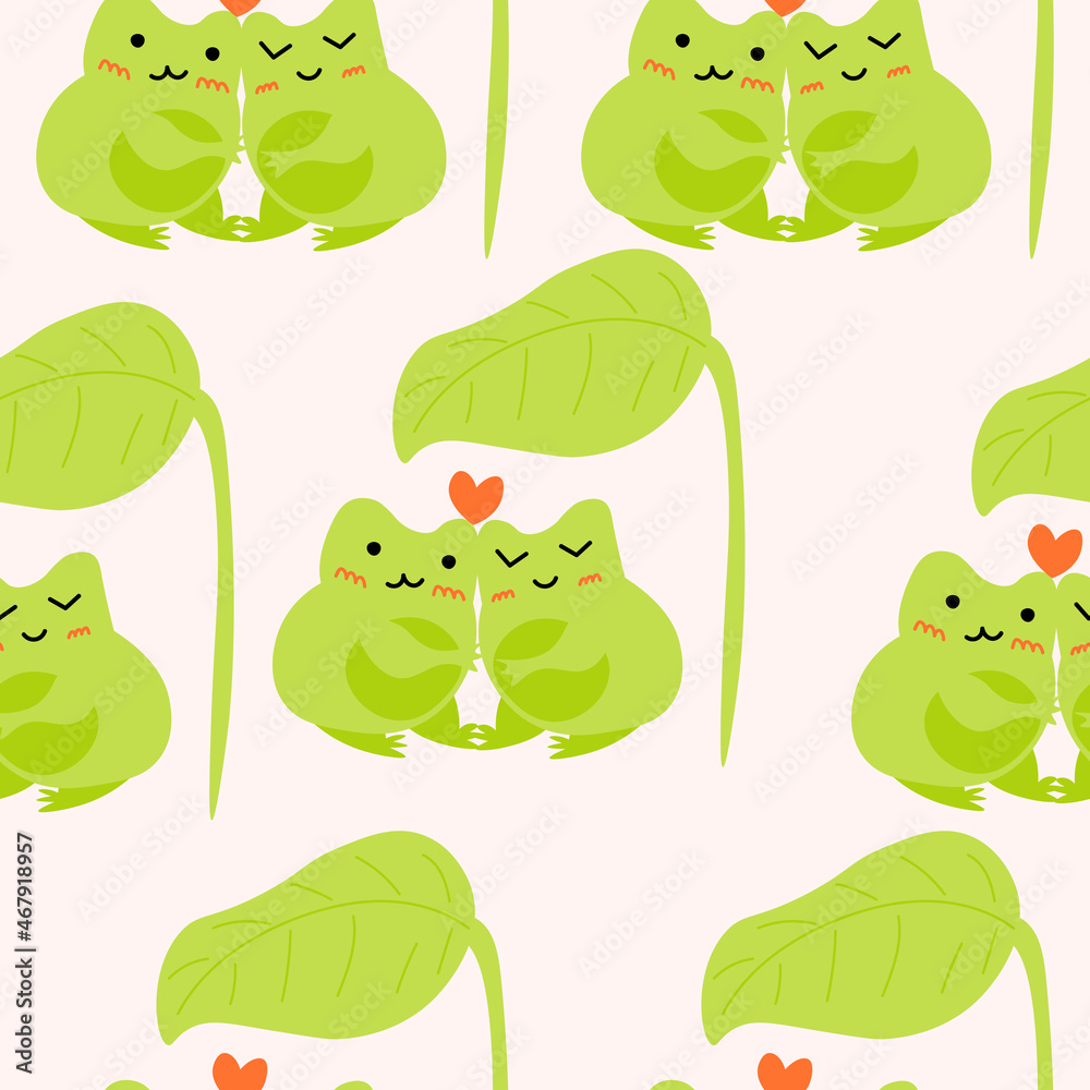 Obraz premium Cute cartoon frogs with hearts. Enamored green toads. Vector animal characters seamless pattern of amphibian toad drawing.Childish design for baby clothes, bedding, textiles, print, wallpaper.