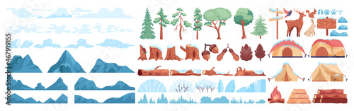 Winter landscape constructor set. Frozen trees, bushes, mountains