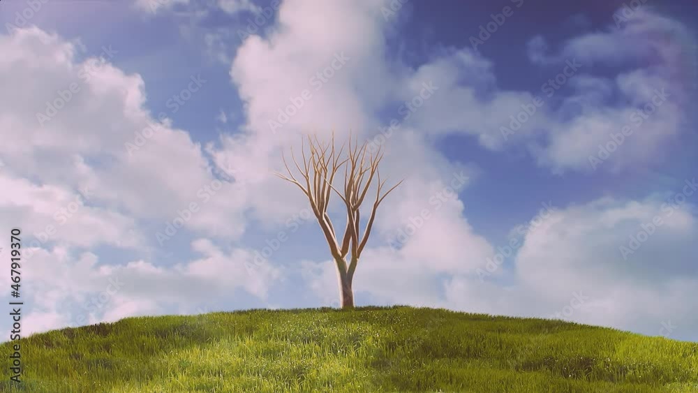 Growing tree time-lapse on green hill with blue sky and white clouds.