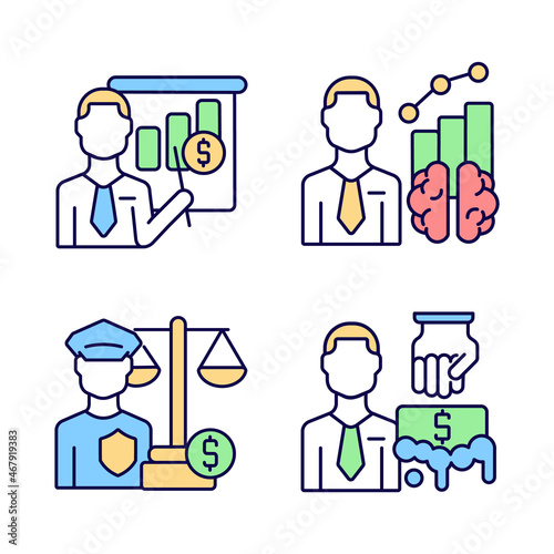 Finance literacy and law RGB color icons set. Business teacher. Intelligence manager. Financial guards. Isolated vector illustrations. Simple filled line drawings collection. Editable stroke