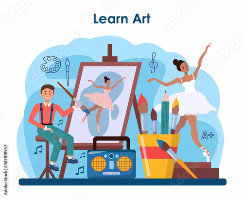 Art school education. Student holding art tools learning