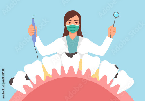 Dental treatment by dentist concept vector illustration. Dental illness. Tooth decay.