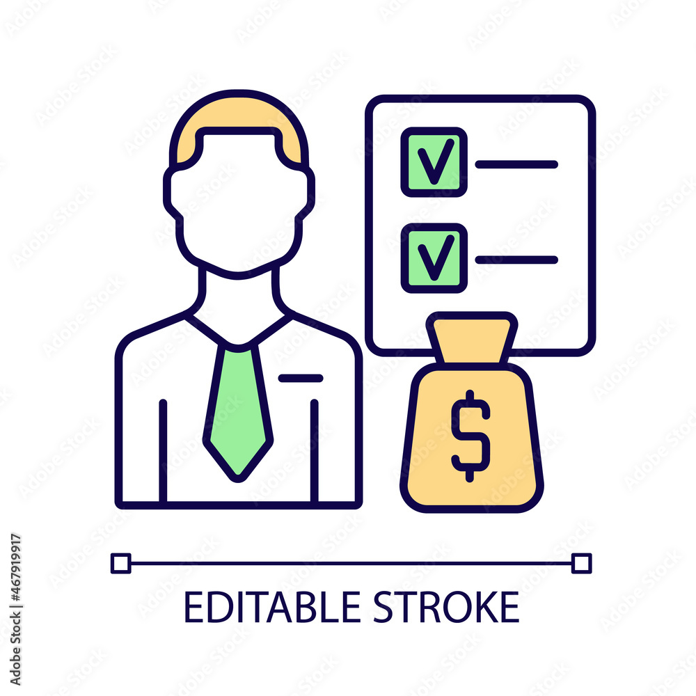 Financial planner RGB color icon. Qualified investment professional. Planning and management advisor. Building wealth expert. Isolated vector illustration. Simple filled line drawing. Editable stroke