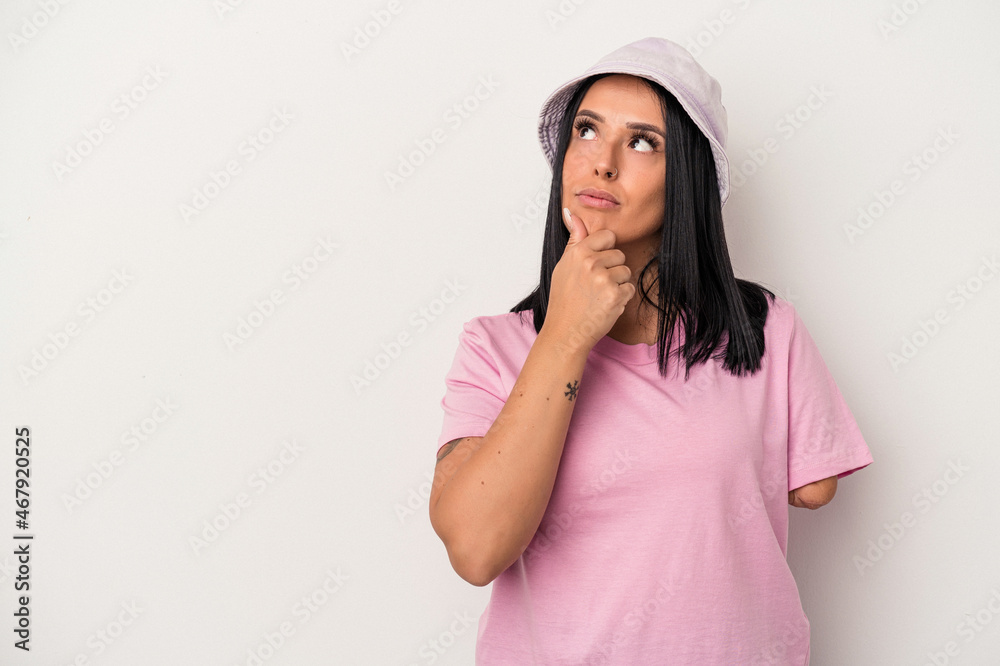 Young caucasian woman with one arm isolated on white background looking sideways with doubtful and skeptical expression. Young caucasian woman with one arm isolated on white background looking sideways with doubtful and skeptical expression.