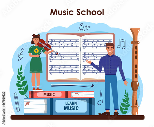 Music club or school. Students learn to play music. Young musician