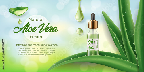 Banner of Natural skin care cosmetics with Aloe Vera, realistic vector illustration