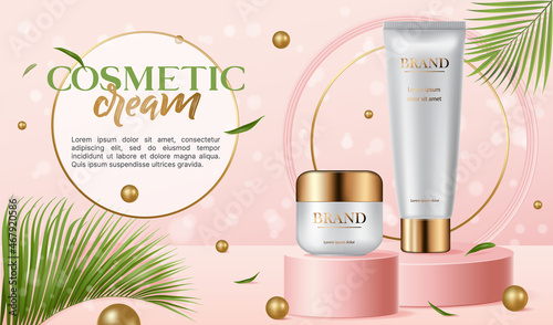 Banner of Skin care cosmetics on podium with green leves, realistic vector illustration