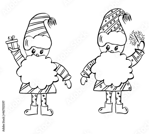 Set of cute christmas man gnomes. Collection of holidays wizards or enchanter with gifts.