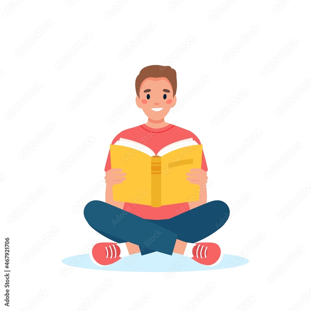 Man reading book while sitting. Learning and literacy day concept. Cute vector illustration in flat cartoon style Man reading book while sitting. Learning and literacy day concept. Cute vector illustration in flat cartoon style