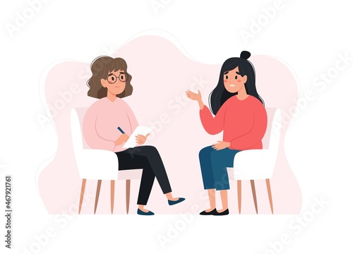 Psychotherapy session - woman talking to psychologist. Mental health concept, vector illustration in flat style