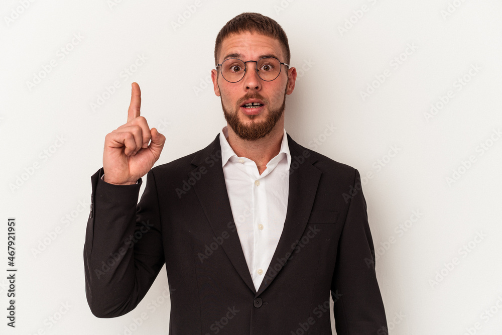 Young business caucasian man isolated on white background having an idea, inspiration concept. Young business caucasian man isolated on white background having an idea, inspiration concept.