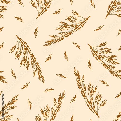 Hand drawn gentle calm simple floral vector seamless pattern in pastel colors. Brown inflorescences of panicles of pampas grass on a light pink background. For printed fabrics, textiles, boho decor.