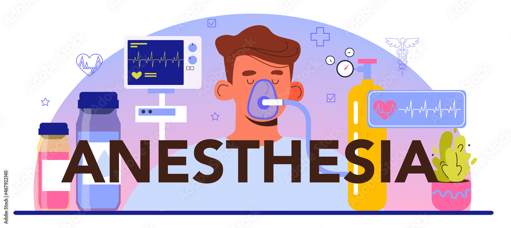 Anesthesia typographic header. Anesthesiologist performing local, inhalation