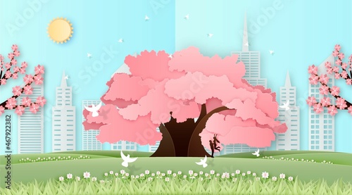 sakura tree with japan cityscape scenery paper cut illustration editable eps cc