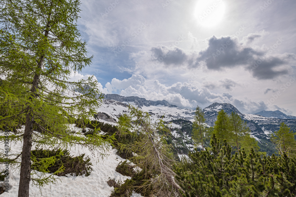 Beautiful winter snow mountain landscape. Sella Nevea, Julian Alps, Friuli-Venezia Giulia, Italy