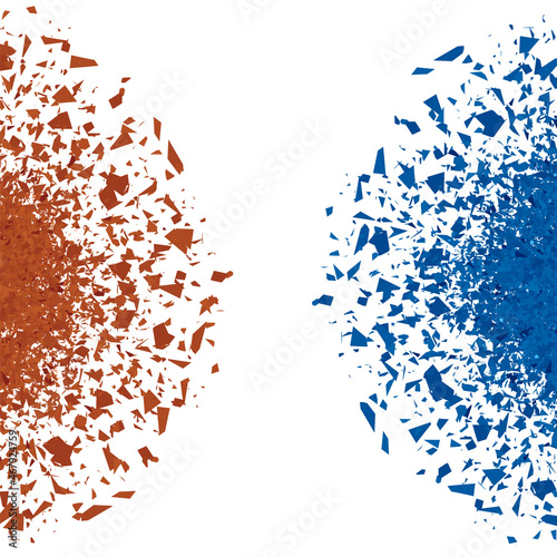 Explosion Cloud of Red and Blue Pieces on White Background. Sharp Particles Randomly Fly in the Air. Big Explosion