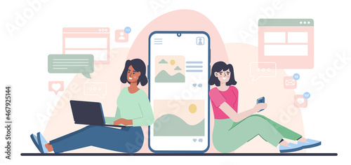 People with smartphone. Two girls communicate through mobile phone. Concept of Internet, addiction to gadgets, modern technologies. Social networks, chatting. Cartoon flat vector illustration