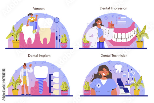 Dentist concept set. Dental doctor in uniform treating human teeth