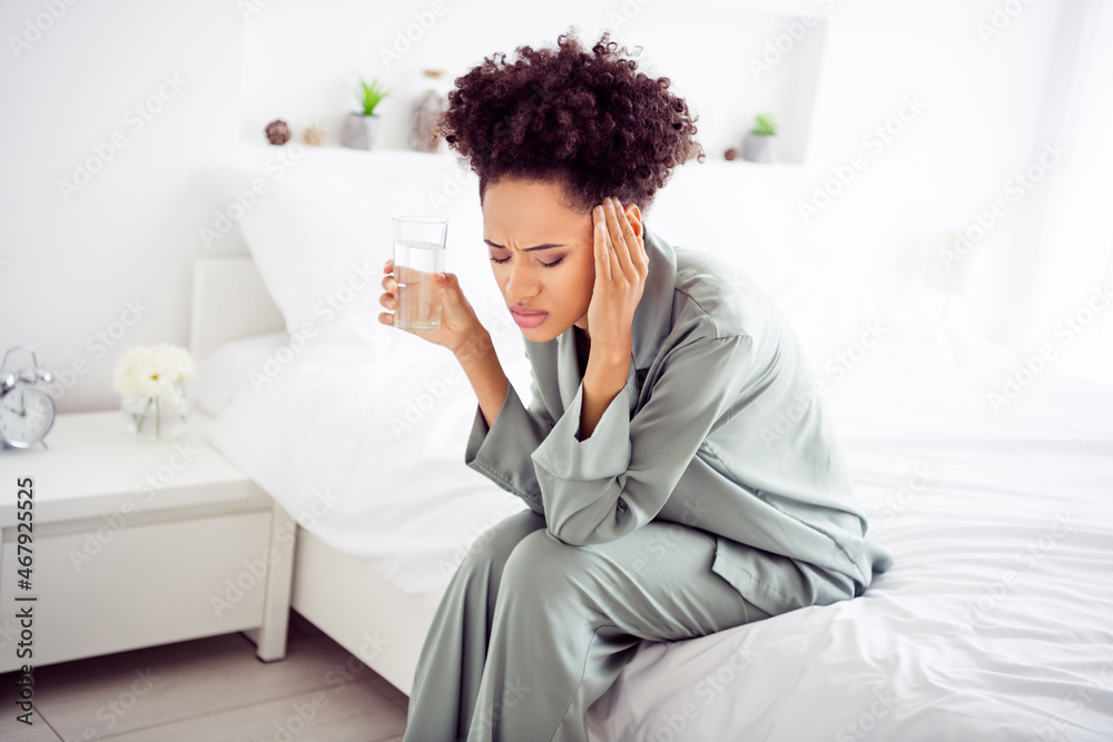 Portrait of attractive desperate girl taking pills remedy health care illness prevention chronic disease in home indoors Portrait of attractive desperate girl taking pills remedy health care illness prevention chronic disease in home indoors