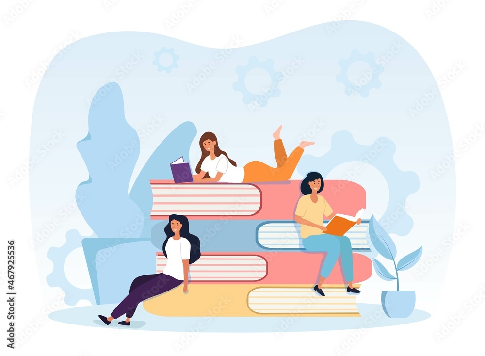Concept of reading girls. Girlfriends sitting on books. Literature, library, education. Employees improve their skills, knowledge. Read more, information, poem. Cartoon flat vector illustration