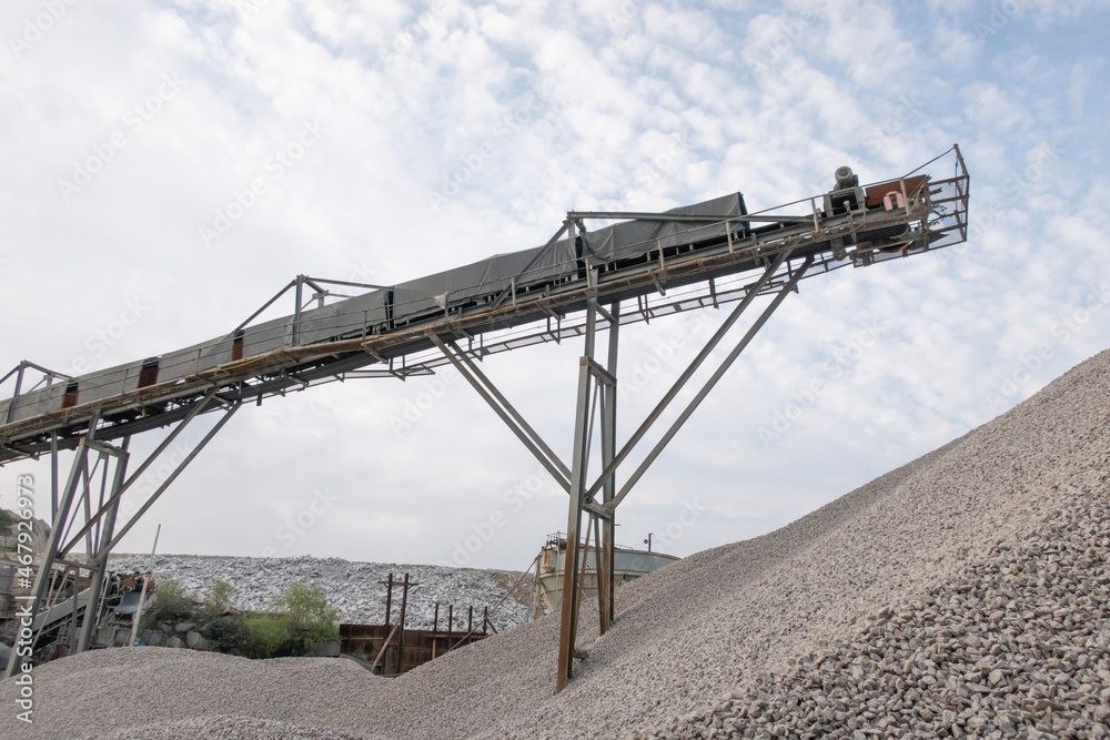 Conveyor line of the rock crushing and screening equipment.