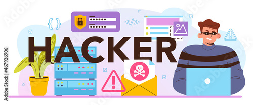 Hacker typographic header. Cyber attack, thief stealing personal data