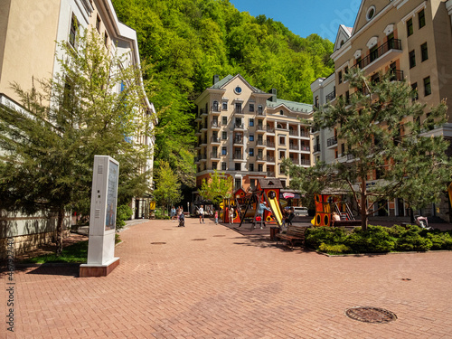 Rosa Khutor Ski Resort. Embankment of the Mzymta river. photo